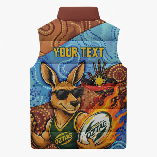 Personalised Australian Oztag Kangaroo Mascot Sleeveless Puffer Jacket Indigenous Dot Art Style Aboriginal Culture
