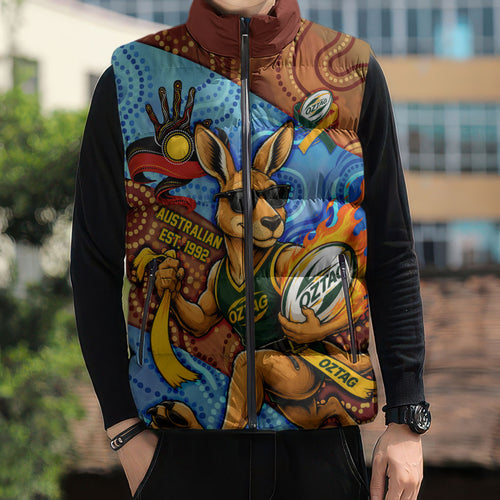 Personalised Australian Oztag Kangaroo Mascot Sleeveless Puffer Jacket Indigenous Dot Art Style Aboriginal Culture