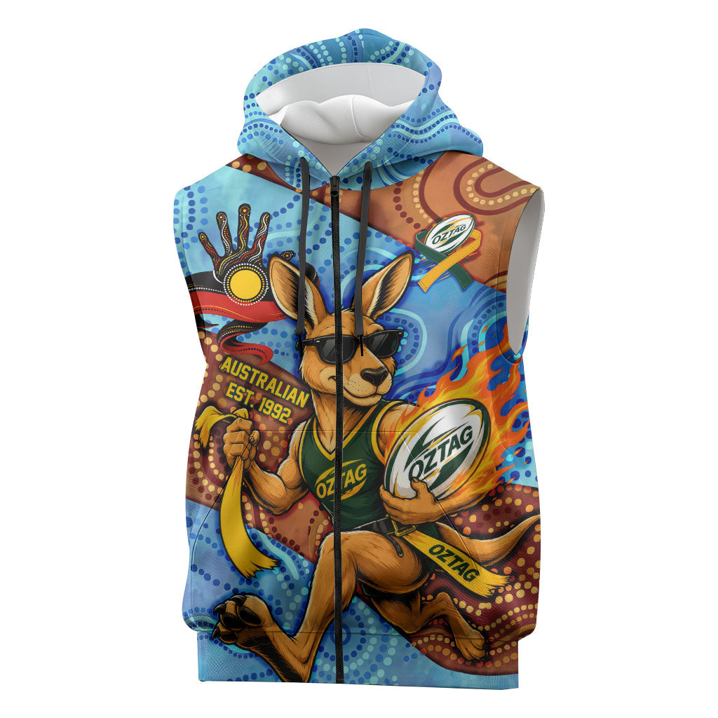 Personalised Australian Oztag Kangaroo Mascot Sleeveless Zip Hoodie Indigenous Dot Art Style Aboriginal Culture