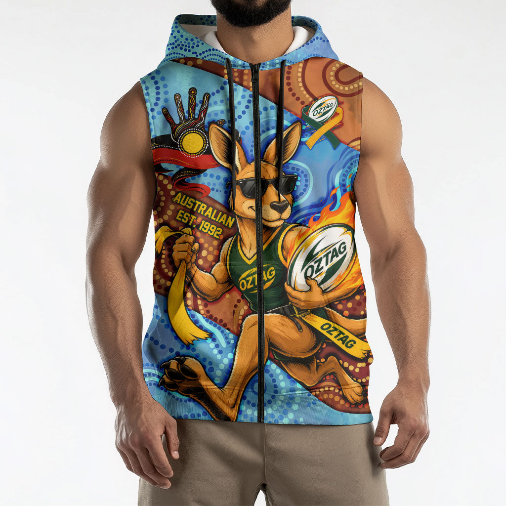 Personalised Australian Oztag Kangaroo Mascot Sleeveless Zip Hoodie Indigenous Dot Art Style Aboriginal Culture