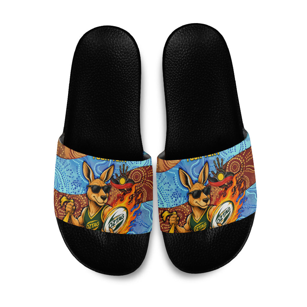 Personalised Australian Oztag Kangaroo Mascot Slide Sandals Indigenous Dot Art Style Aboriginal Culture