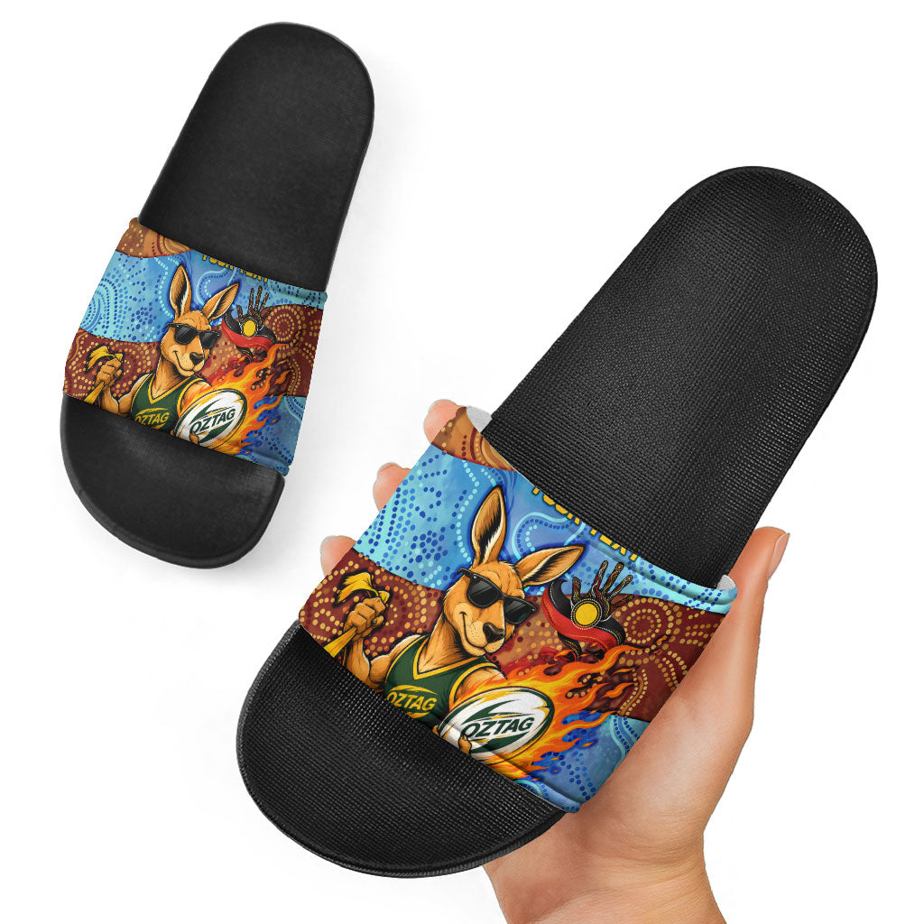 Personalised Australian Oztag Kangaroo Mascot Slide Sandals Indigenous Dot Art Style Aboriginal Culture