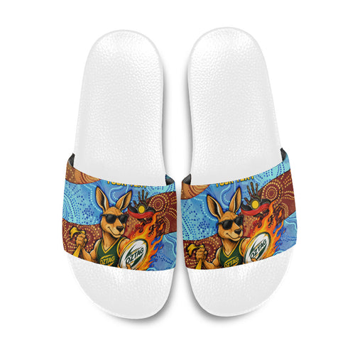 Personalised Australian Oztag Kangaroo Mascot Slide Sandals Indigenous Dot Art Style Aboriginal Culture