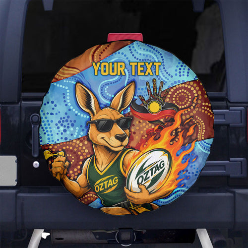 Personalised Australian Oztag Kangaroo Mascot Spare Tire Cover Indigenous Dot Art Style Aboriginal Culture