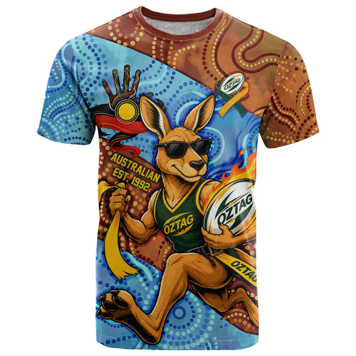 Personalised Australian Oztag Kangaroo Mascot T Shirt Indigenous Dot Art Style Aboriginal Culture