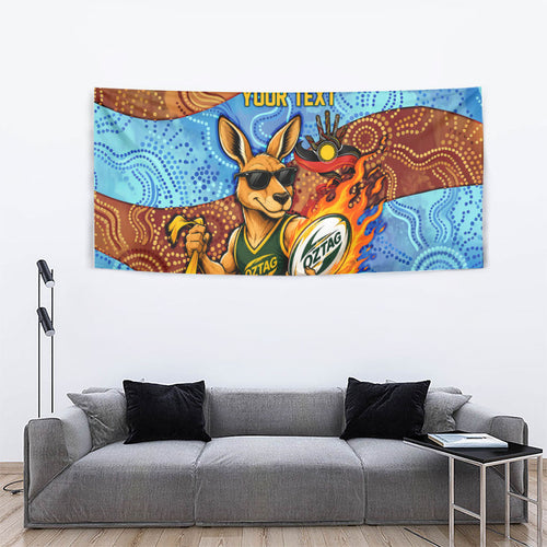 Personalised Australian Oztag Kangaroo Mascot Tapestry Indigenous Dot Art Style Aboriginal Culture