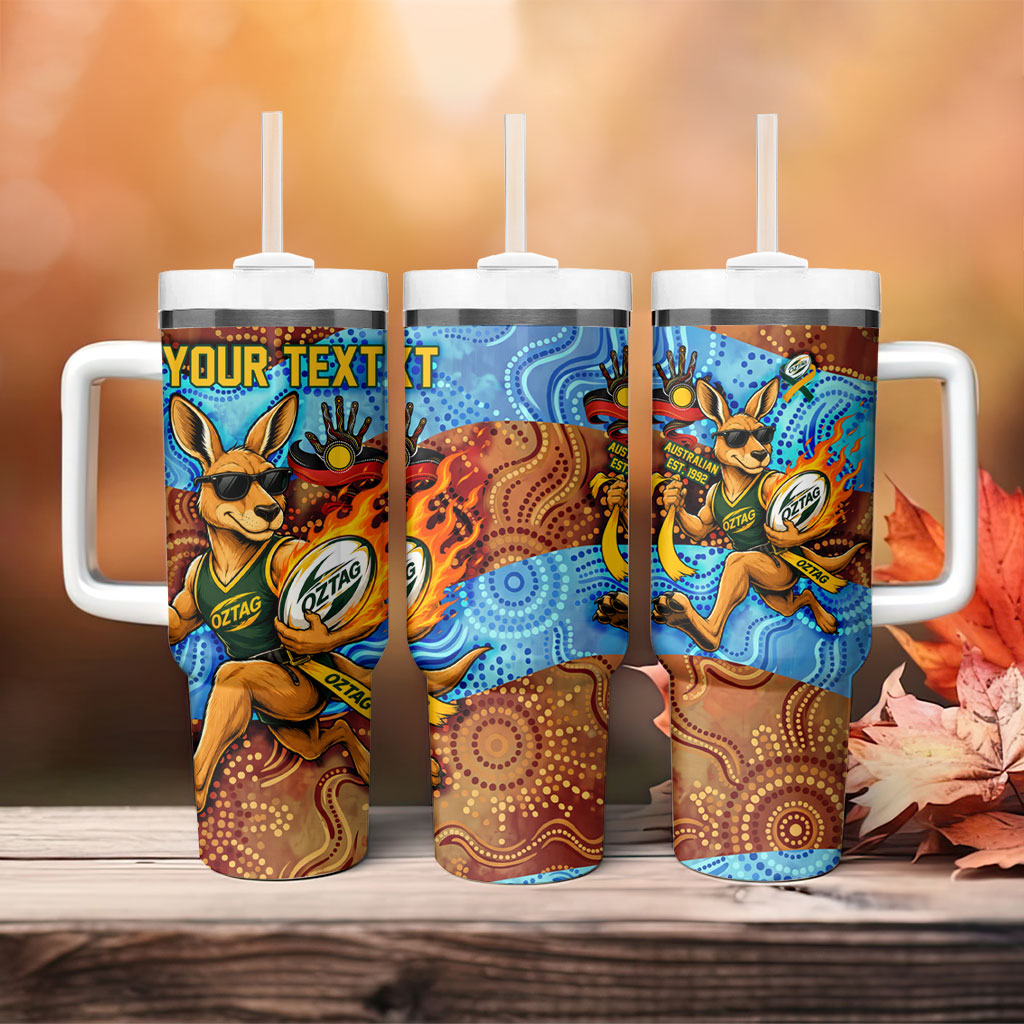 Personalised Australian Oztag Kangaroo Mascot Tumbler With Handle Indigenous Dot Art Style Aboriginal Culture