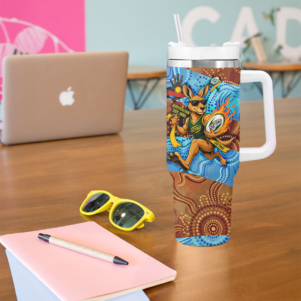 Personalised Australian Oztag Kangaroo Mascot Tumbler With Handle Indigenous Dot Art Style Aboriginal Culture