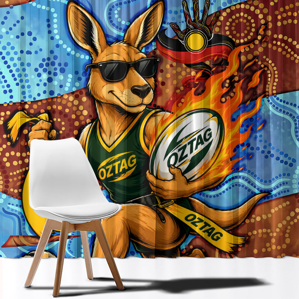 Personalised Australian Oztag Kangaroo Mascot Window Curtain Indigenous Dot Art Style Aboriginal Culture