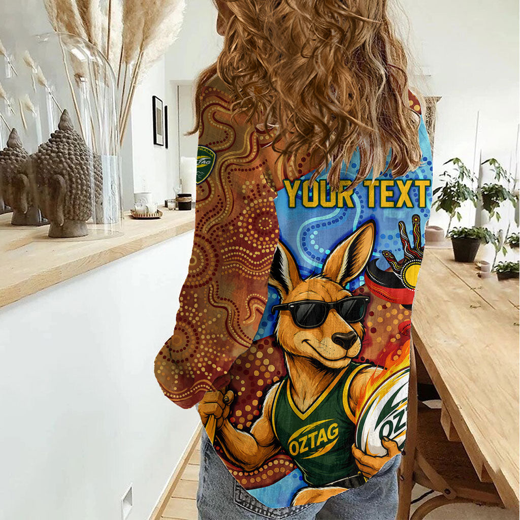 Personalised Australian Oztag Kangaroo Mascot Women Casual Shirt Indigenous Dot Art Style Aboriginal Culture