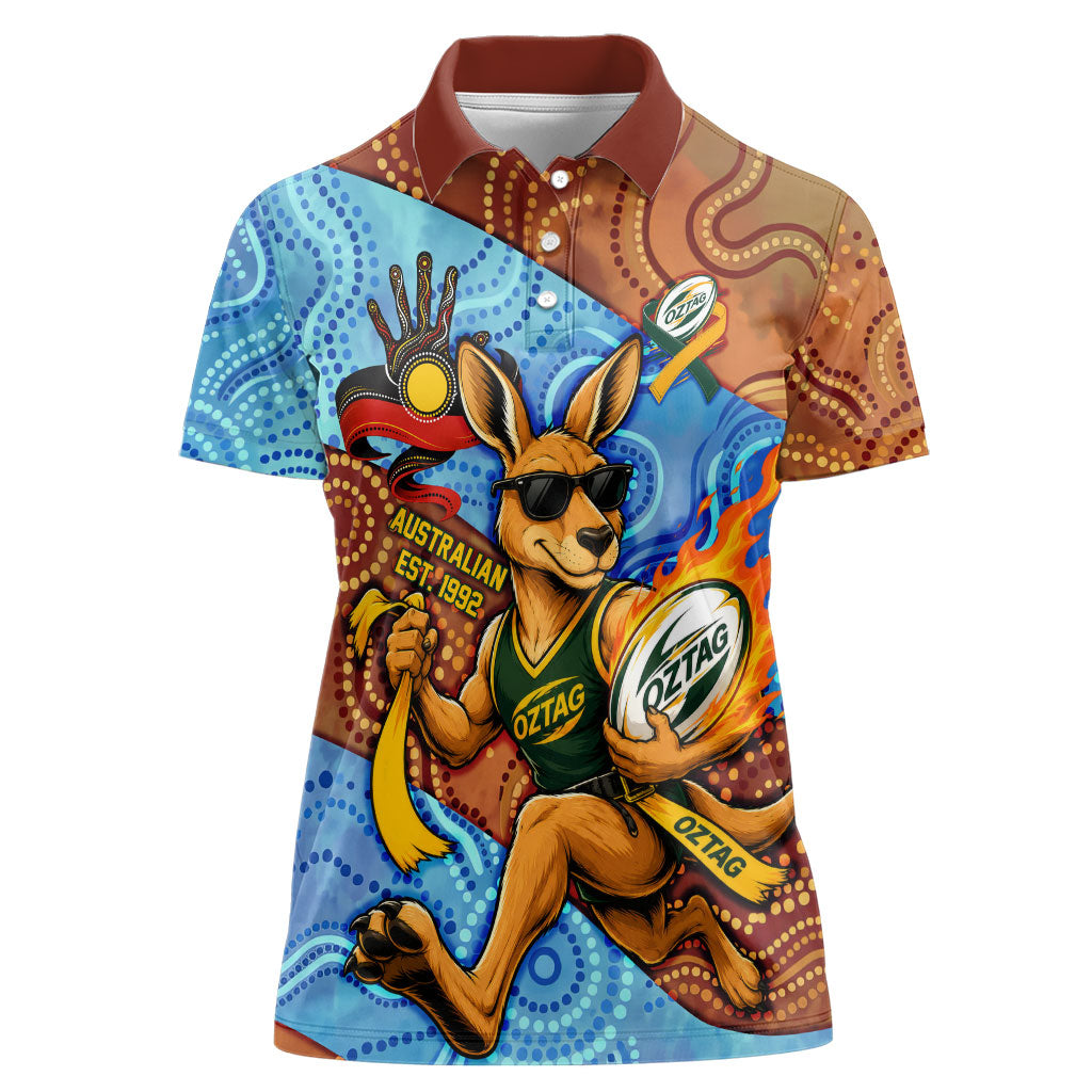 Personalised Australian Oztag Kangaroo Mascot Women Polo Shirt Indigenous Dot Art Style Aboriginal Culture