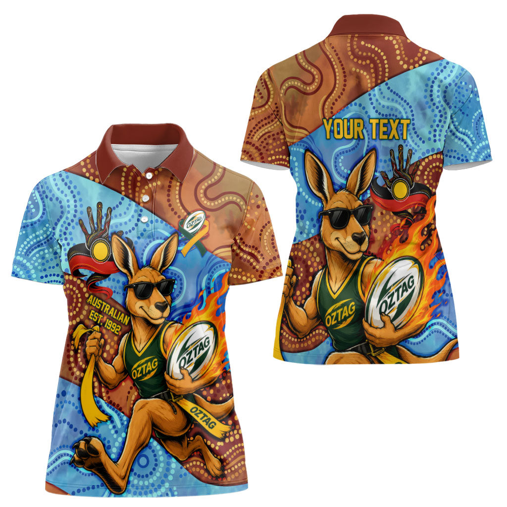 Personalised Australian Oztag Kangaroo Mascot Women Polo Shirt Indigenous Dot Art Style Aboriginal Culture