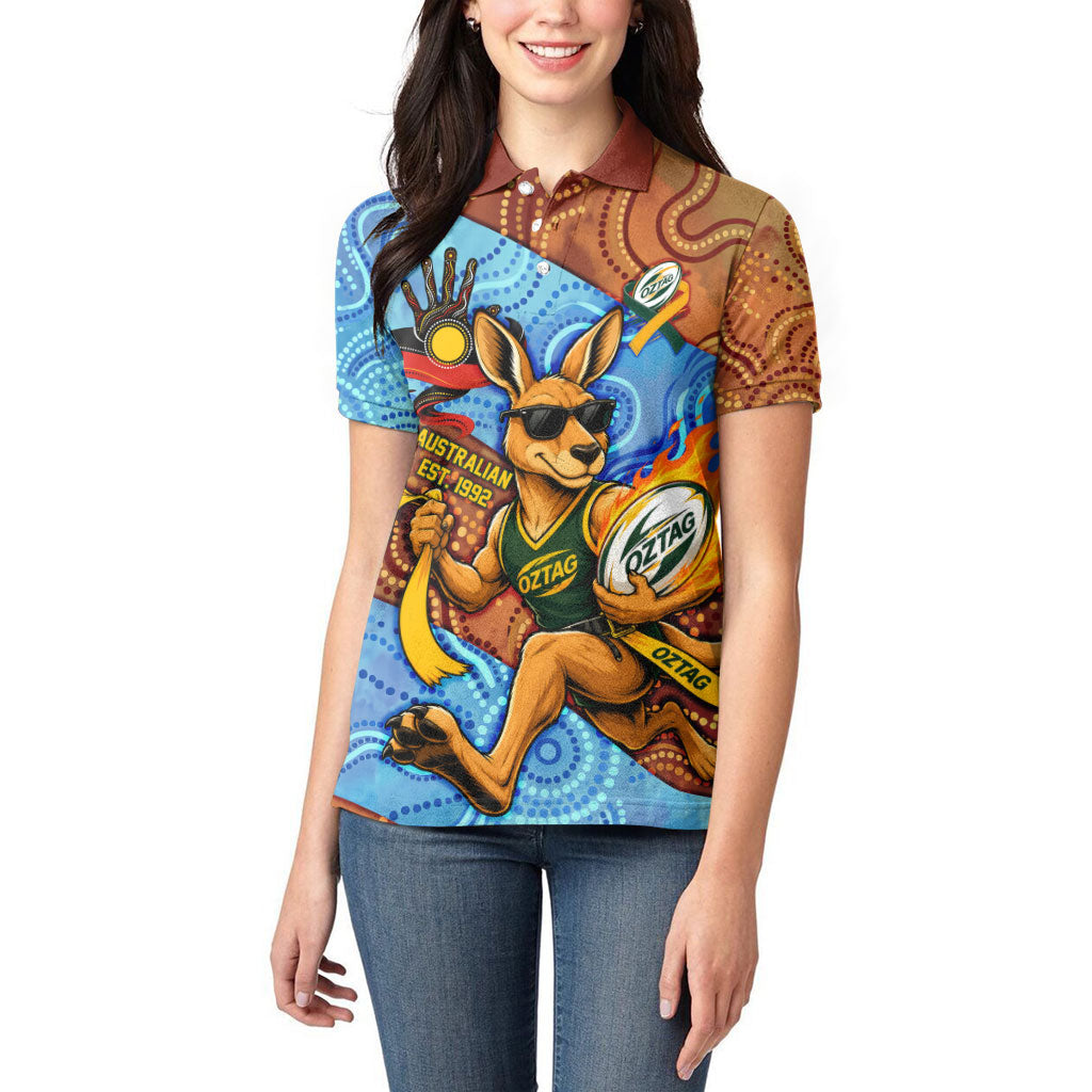 Personalised Australian Oztag Kangaroo Mascot Women Polo Shirt Indigenous Dot Art Style Aboriginal Culture