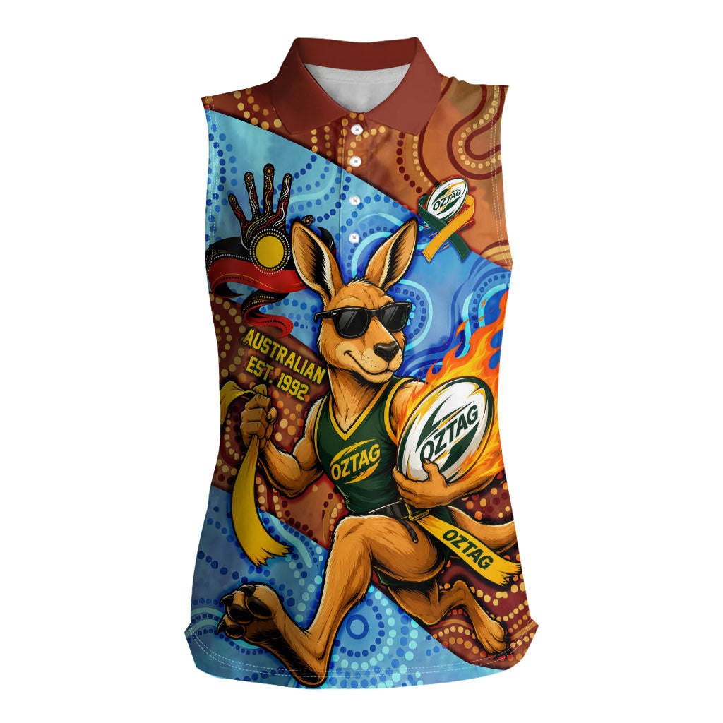 Personalised Australian Oztag Kangaroo Mascot Women Sleeveless Polo Shirt Indigenous Dot Art Style Aboriginal Culture