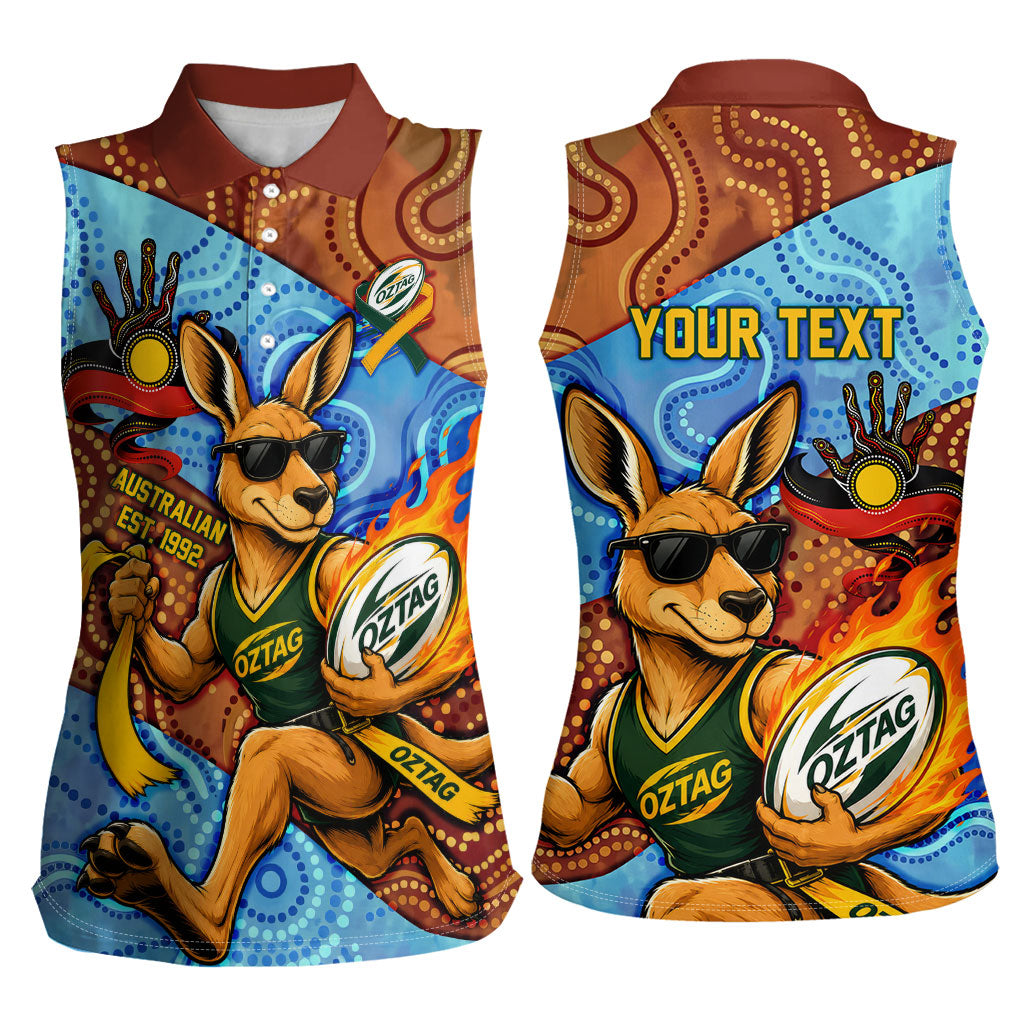 Personalised Australian Oztag Kangaroo Mascot Women Sleeveless Polo Shirt Indigenous Dot Art Style Aboriginal Culture