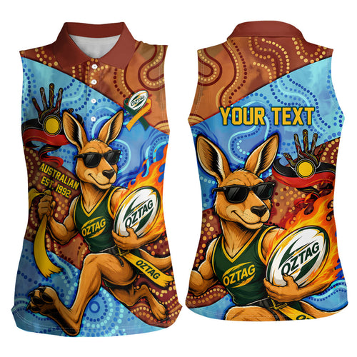 Personalised Australian Oztag Kangaroo Mascot Women Sleeveless Polo Shirt Indigenous Dot Art Style Aboriginal Culture