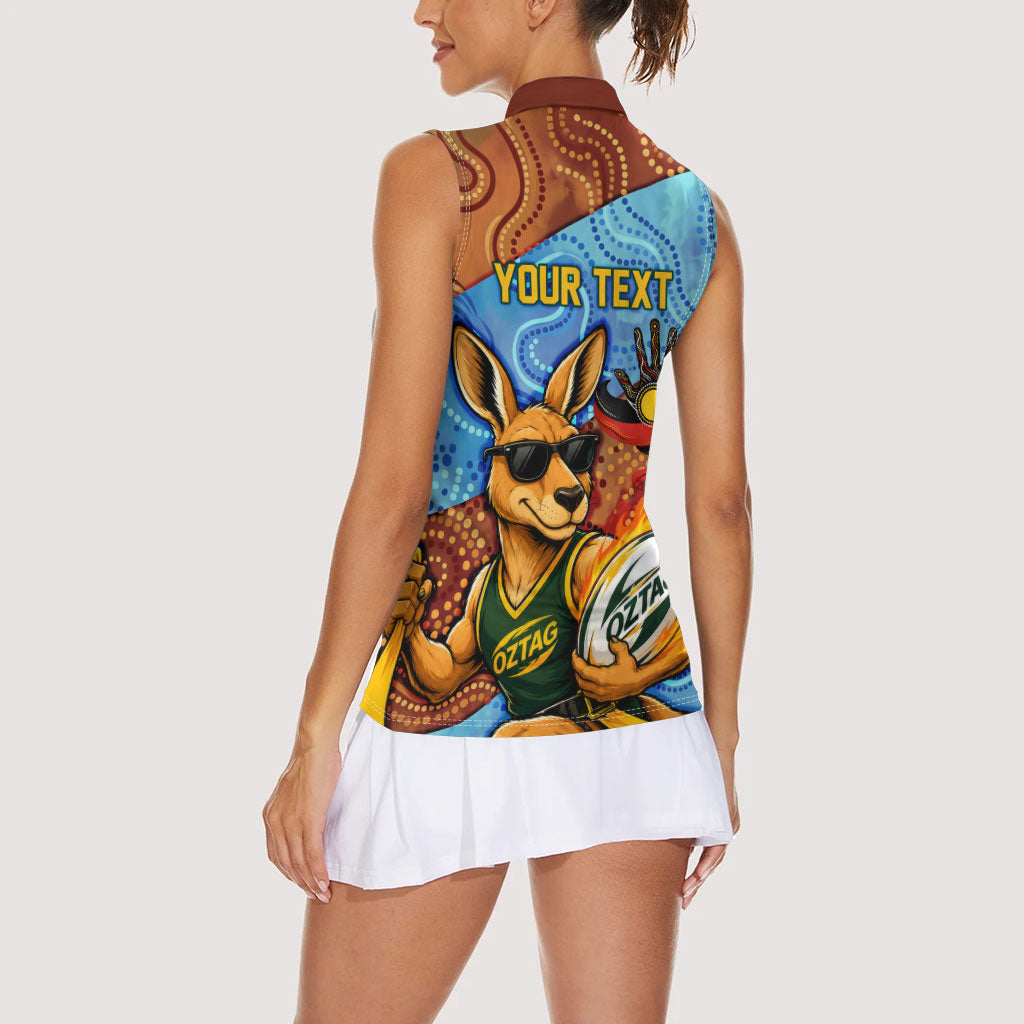 Personalised Australian Oztag Kangaroo Mascot Women Sleeveless Polo Shirt Indigenous Dot Art Style Aboriginal Culture
