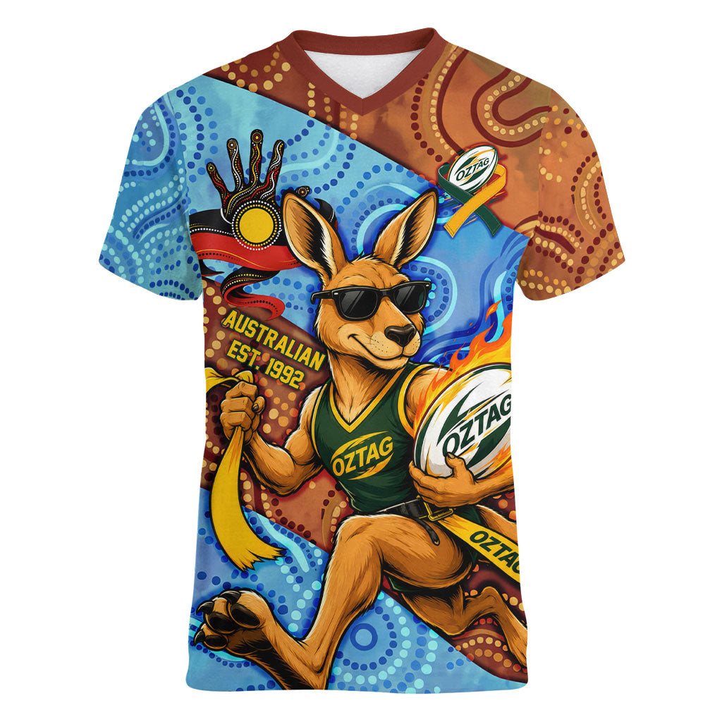 Personalised Australian Oztag Kangaroo Mascot Women V-Neck T-Shirt Indigenous Dot Art Style Aboriginal Culture