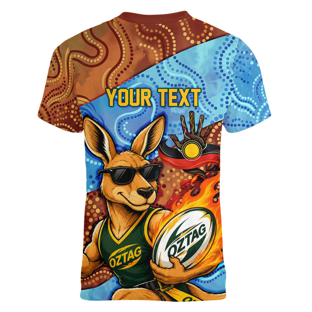 Personalised Australian Oztag Kangaroo Mascot Women V-Neck T-Shirt Indigenous Dot Art Style Aboriginal Culture