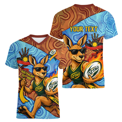 Personalised Australian Oztag Kangaroo Mascot Women V-Neck T-Shirt Indigenous Dot Art Style Aboriginal Culture