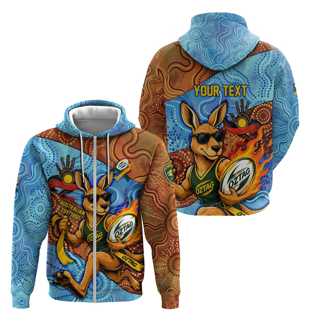 Personalised Australian Oztag Kangaroo Mascot Zip Hoodie Indigenous Dot Art Style Aboriginal Culture