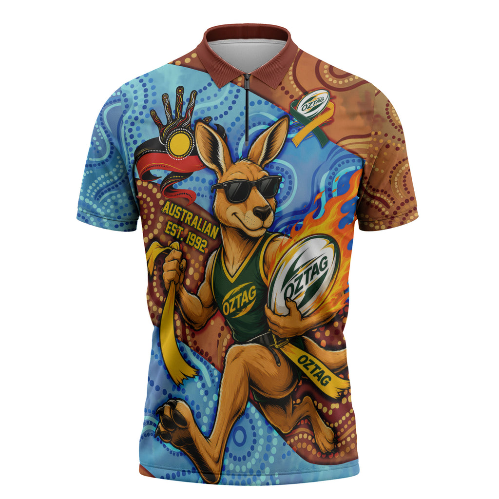 Personalised Australian Oztag Kangaroo Mascot Zipper Polo Shirt Indigenous Dot Art Style Aboriginal Culture