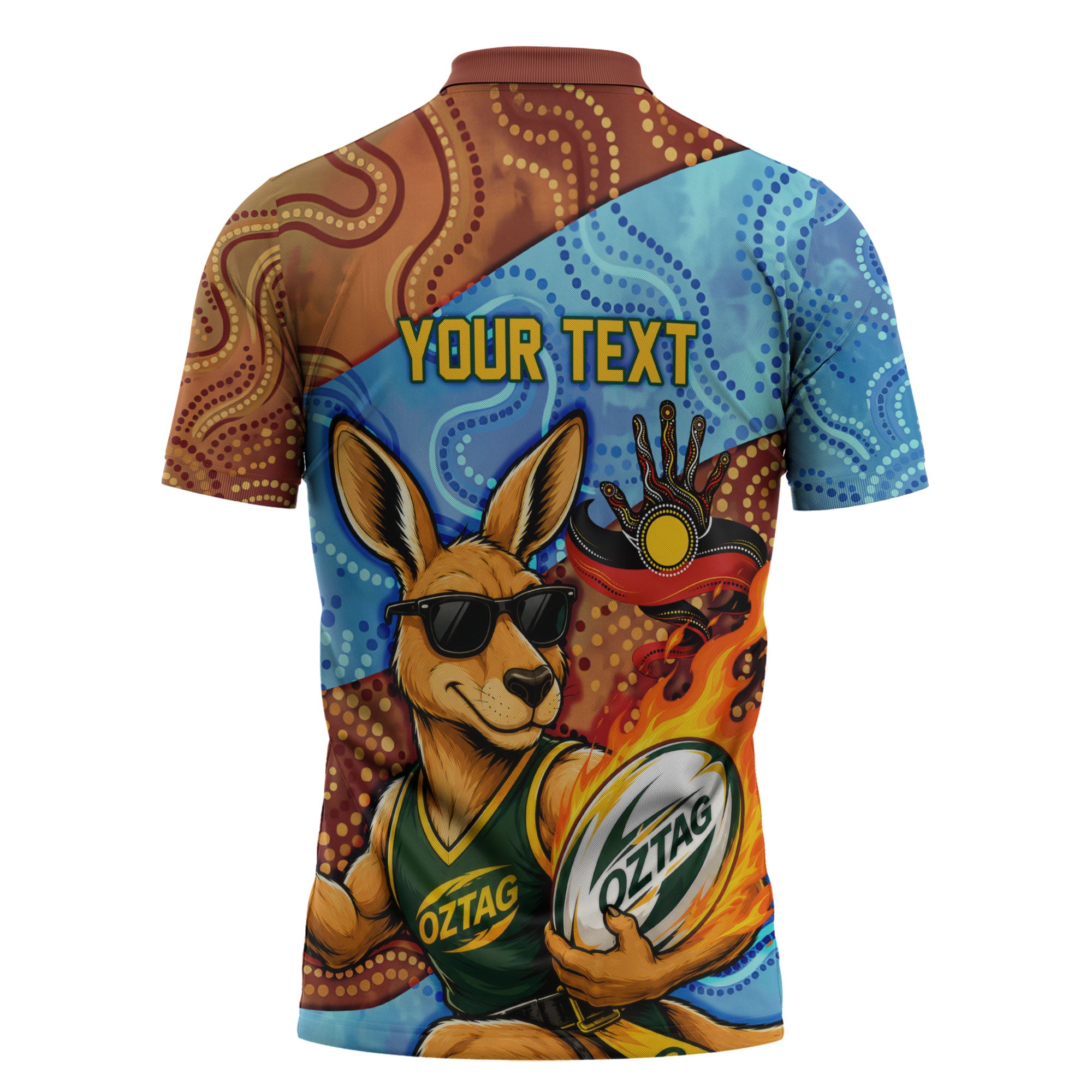Personalised Australian Oztag Kangaroo Mascot Zipper Polo Shirt Indigenous Dot Art Style Aboriginal Culture