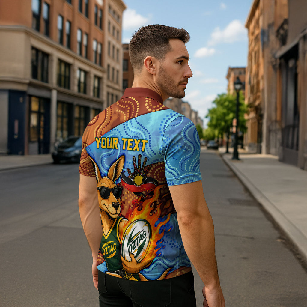 Personalised Australian Oztag Kangaroo Mascot Zipper Polo Shirt Indigenous Dot Art Style Aboriginal Culture
