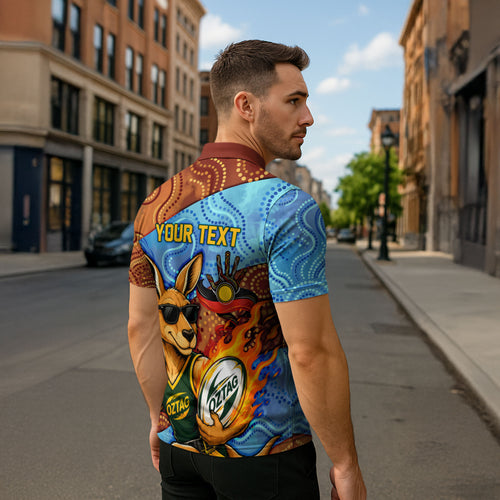 Personalised Australian Oztag Kangaroo Mascot Zipper Polo Shirt Indigenous Dot Art Style Aboriginal Culture