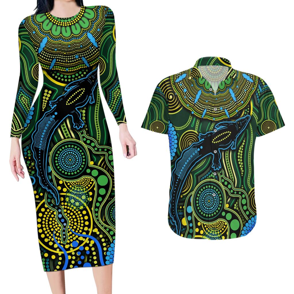 Aboriginal Green - Crocodine Abstract Art Pattern Couples Matching Long Sleeve Bodycon Dress and Hawaiian Shirt