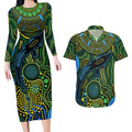Aboriginal Green - Crocodine Abstract Art Pattern Couples Matching Long Sleeve Bodycon Dress and Hawaiian Shirt