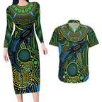 Aboriginal Green - Crocodine Abstract Art Pattern Couples Matching Long Sleeve Bodycon Dress and Hawaiian Shirt