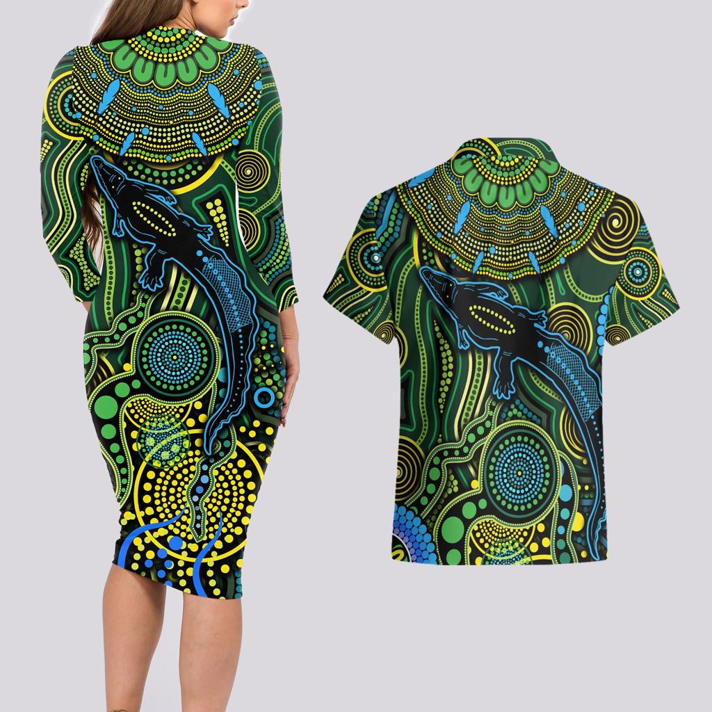 Aboriginal Green - Crocodine Abstract Art Pattern Couples Matching Long Sleeve Bodycon Dress and Hawaiian Shirt