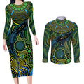 Aboriginal Green - Crocodine Abstract Art Pattern Couples Matching Long Sleeve Bodycon Dress and Long Sleeve Button Shirt