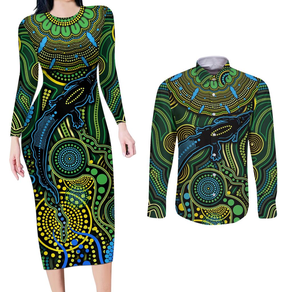 Aboriginal Green - Crocodine Abstract Art Pattern Couples Matching Long Sleeve Bodycon Dress and Long Sleeve Button Shirt