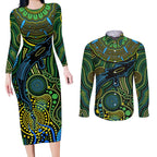 Aboriginal Green - Crocodine Abstract Art Pattern Couples Matching Long Sleeve Bodycon Dress and Long Sleeve Button Shirt