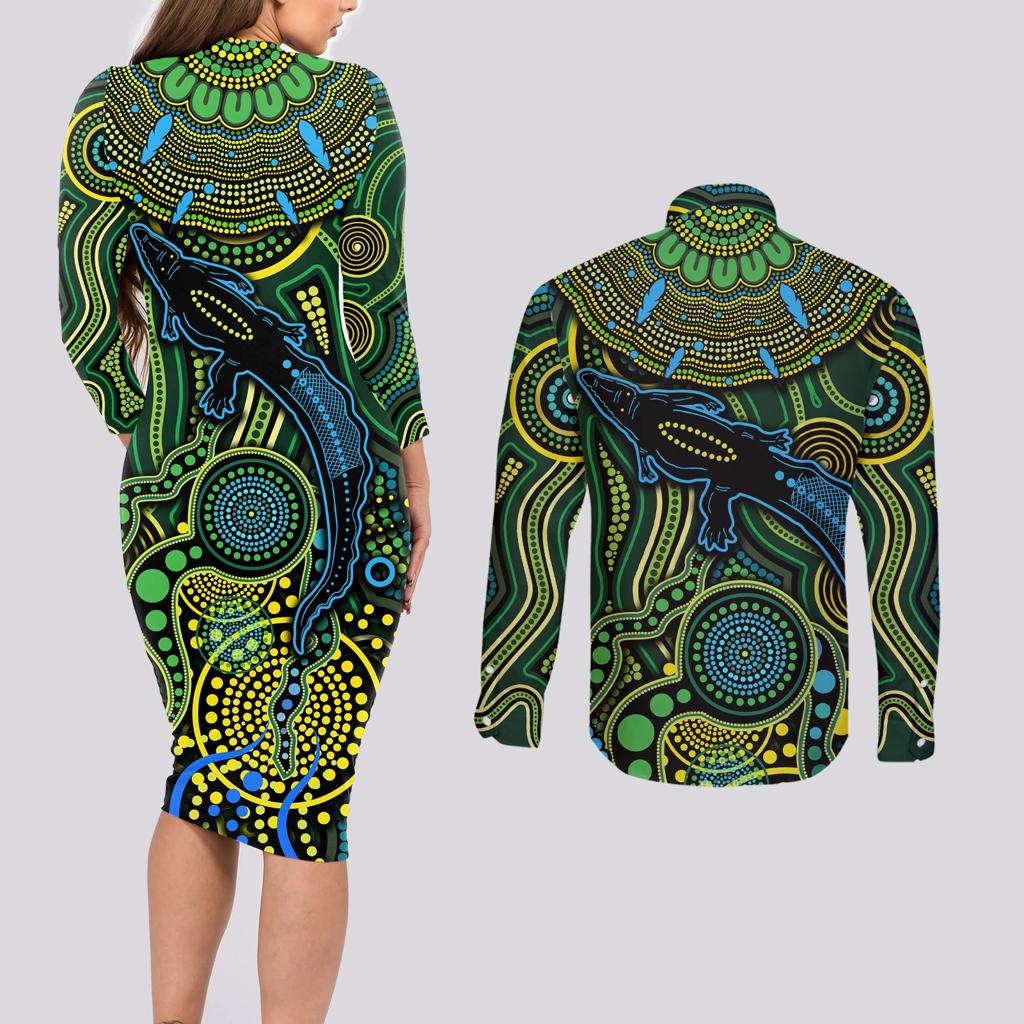Aboriginal Green - Crocodine Abstract Art Pattern Couples Matching Long Sleeve Bodycon Dress and Long Sleeve Button Shirt