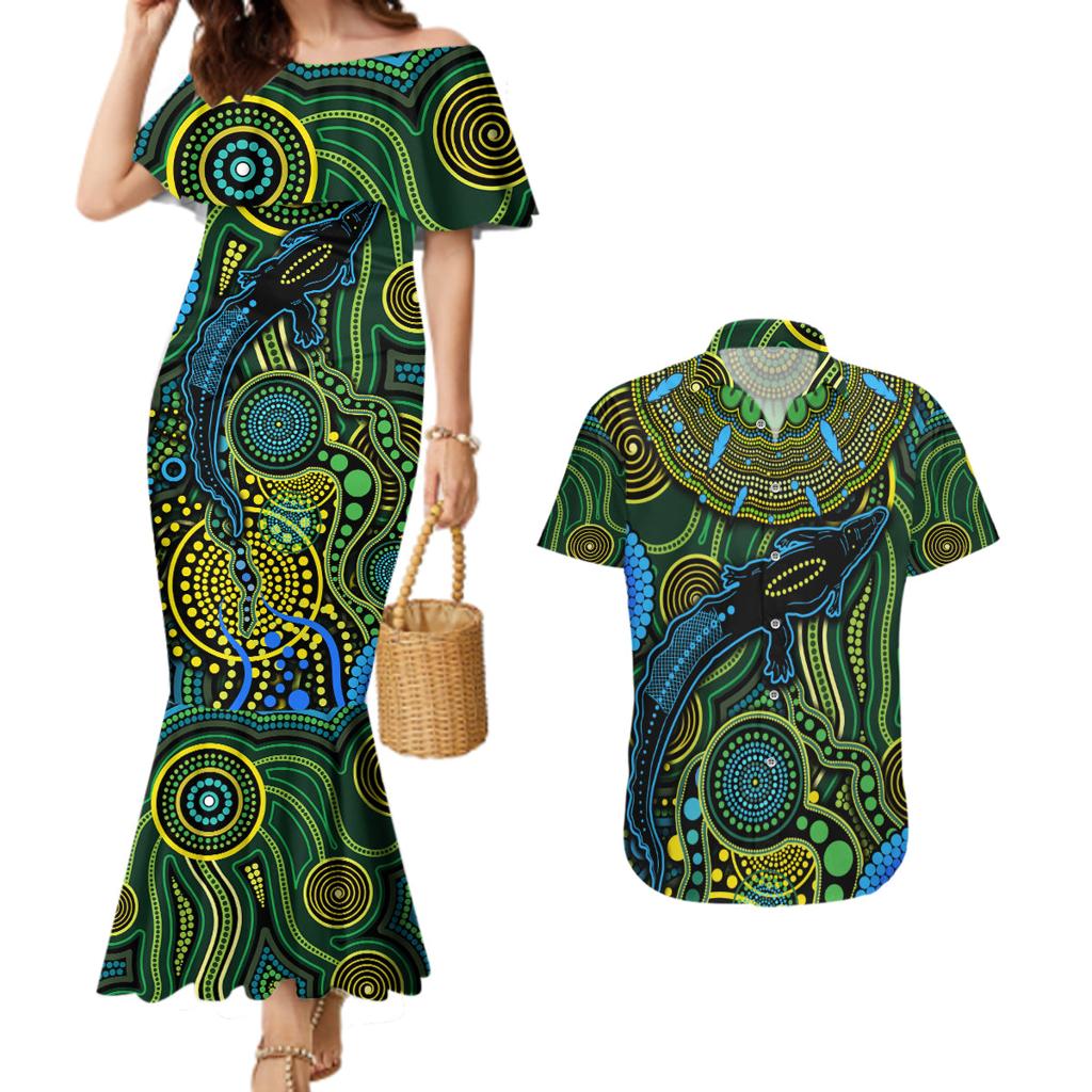 Aboriginal Green - Crocodine Abstract Art Pattern Couples Matching Mermaid Dress and Hawaiian Shirt