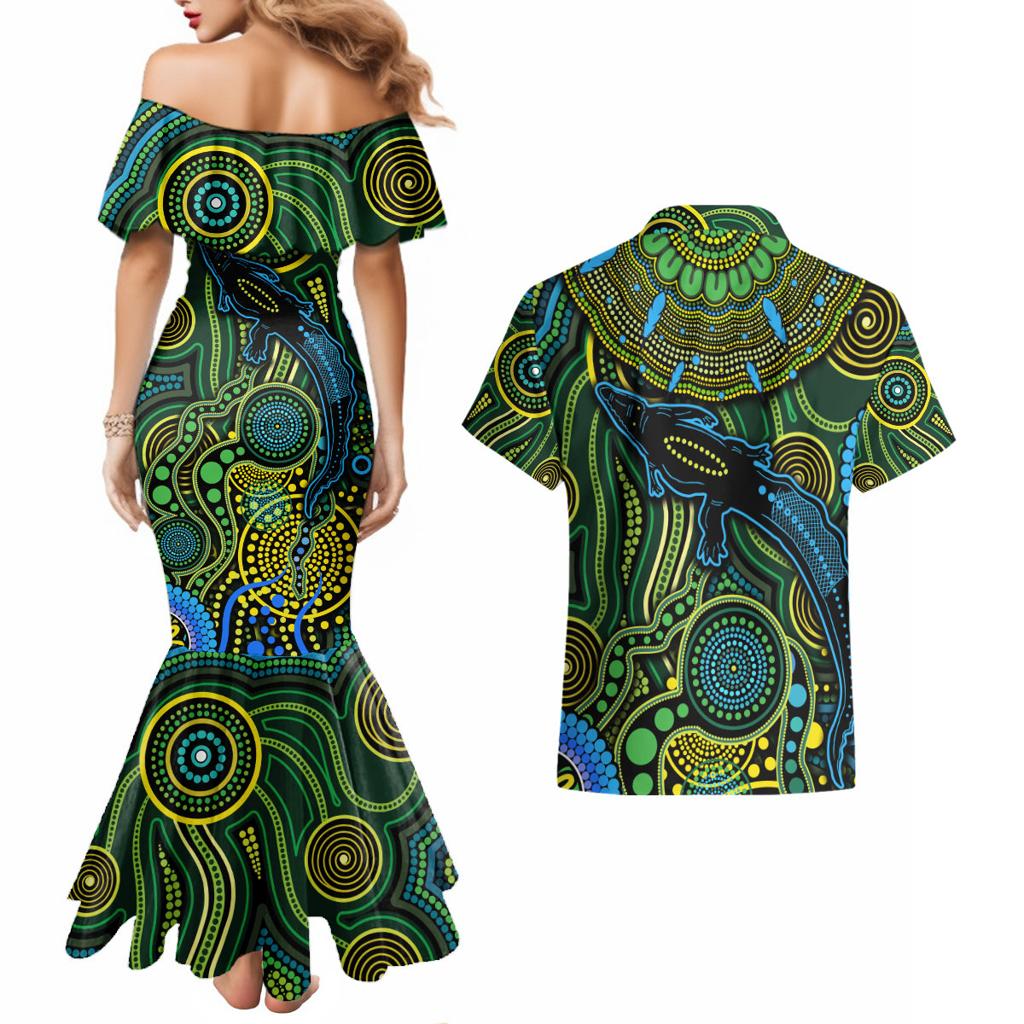 Aboriginal Green - Crocodine Abstract Art Pattern Couples Matching Mermaid Dress and Hawaiian Shirt
