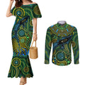 Aboriginal Green - Crocodine Abstract Art Pattern Couples Matching Mermaid Dress and Long Sleeve Button Shirt