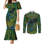 Aboriginal Green - Crocodine Abstract Art Pattern Couples Matching Mermaid Dress and Long Sleeve Button Shirt