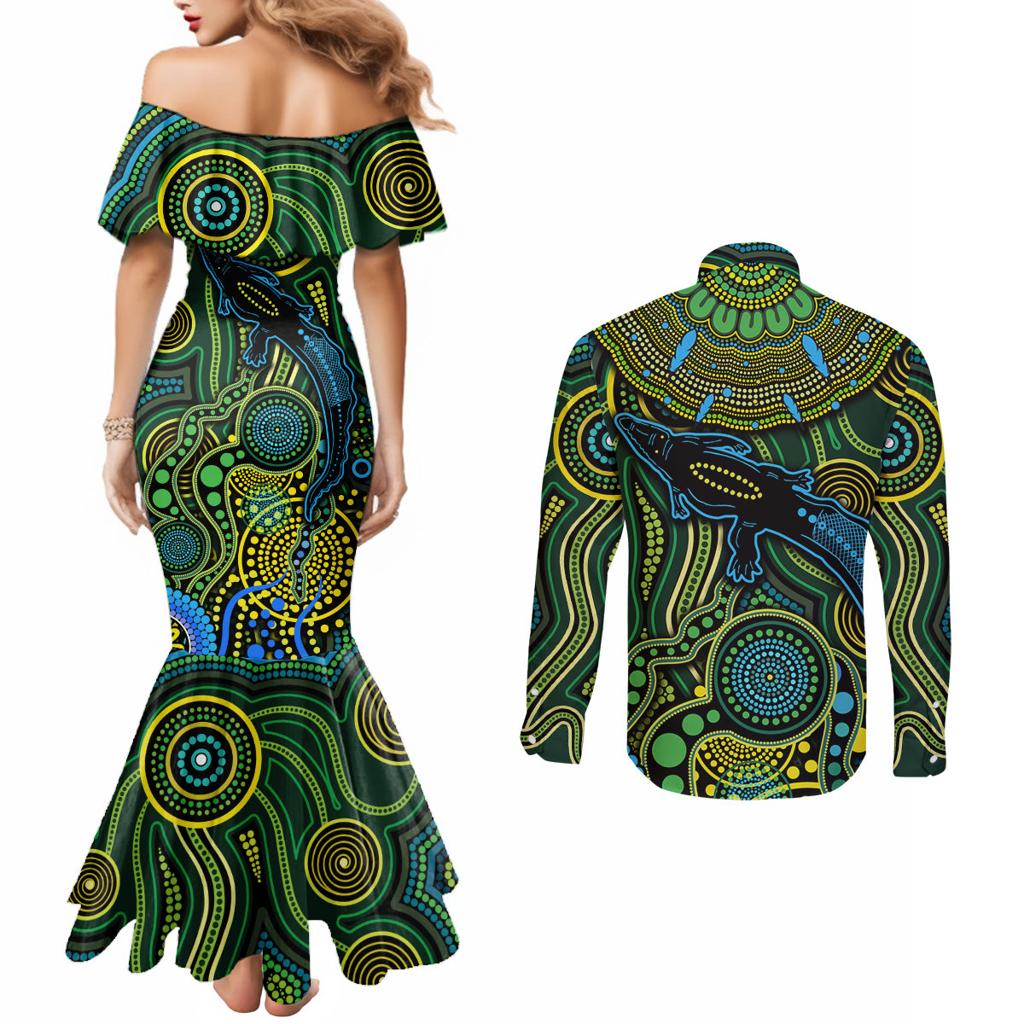 Aboriginal Green - Crocodine Abstract Art Pattern Couples Matching Mermaid Dress and Long Sleeve Button Shirt