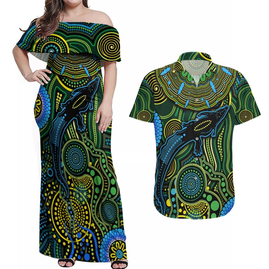 Aboriginal Green - Crocodine Abstract Art Pattern Couples Matching Off Shoulder Maxi Dress and Hawaiian Shirt