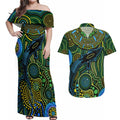 Aboriginal Green - Crocodine Abstract Art Pattern Couples Matching Off Shoulder Maxi Dress and Hawaiian Shirt