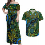 Aboriginal Green - Crocodine Abstract Art Pattern Couples Matching Off Shoulder Maxi Dress and Hawaiian Shirt