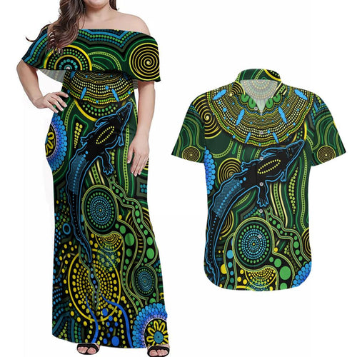 Aboriginal Green - Crocodine Abstract Art Pattern Couples Matching Off Shoulder Maxi Dress and Hawaiian Shirt