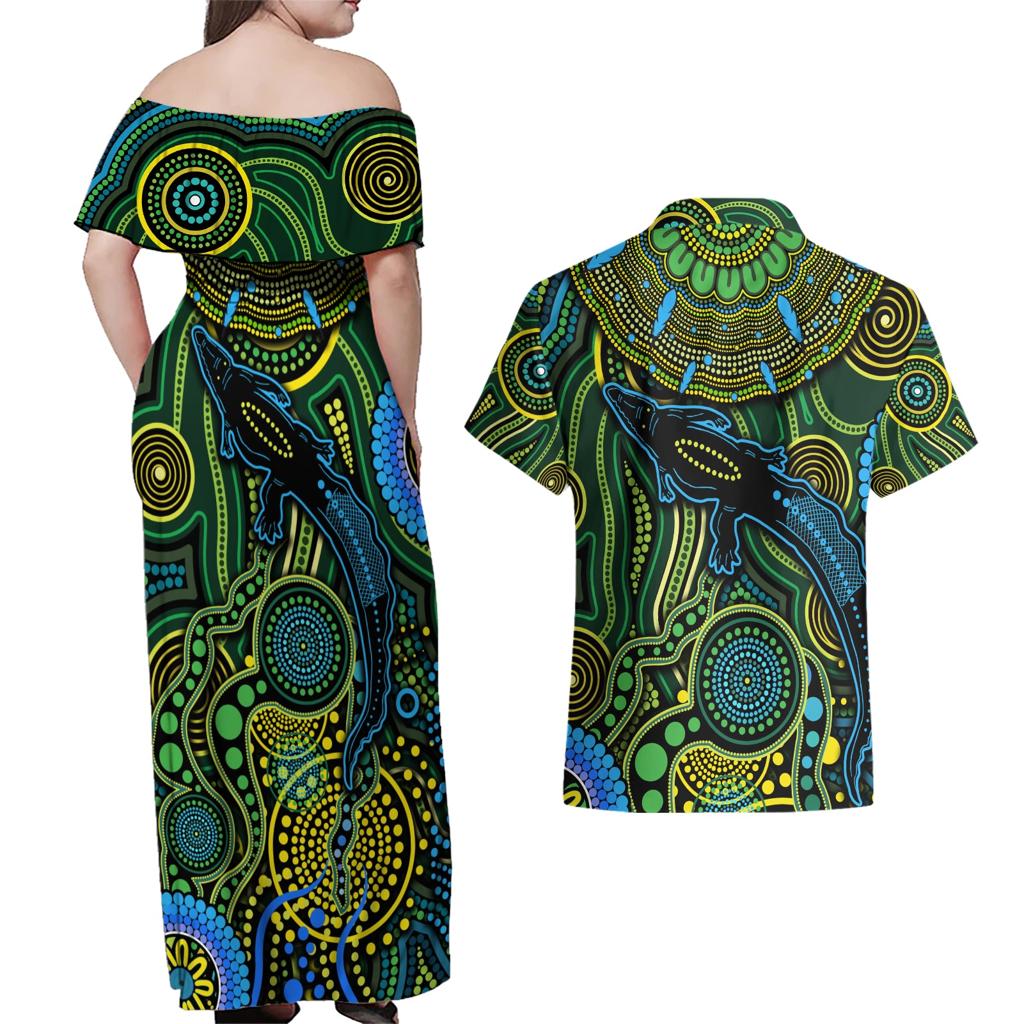 Aboriginal Green - Crocodine Abstract Art Pattern Couples Matching Off Shoulder Maxi Dress and Hawaiian Shirt