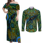 Aboriginal Green - Crocodine Abstract Art Pattern Couples Matching Off Shoulder Maxi Dress and Long Sleeve Button Shirt