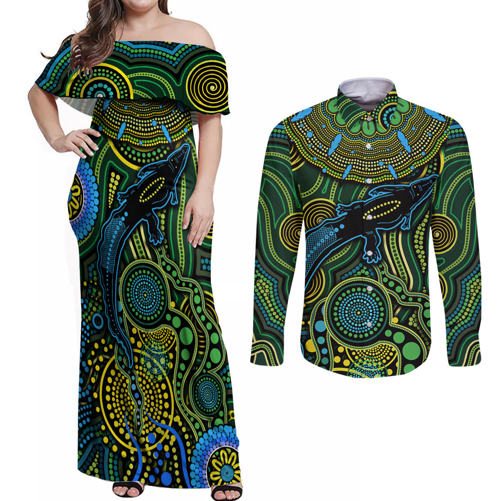 Aboriginal Green - Crocodine Abstract Art Pattern Couples Matching Off Shoulder Maxi Dress and Long Sleeve Button Shirt
