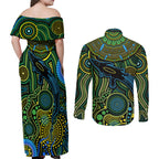 Aboriginal Green - Crocodine Abstract Art Pattern Couples Matching Off Shoulder Maxi Dress and Long Sleeve Button Shirt